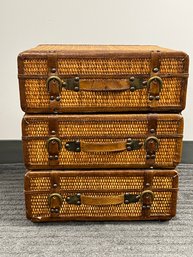 3 Drawer Side End Table Cabinet Chest - Styled As Faux Stack Of Rattan Trunks