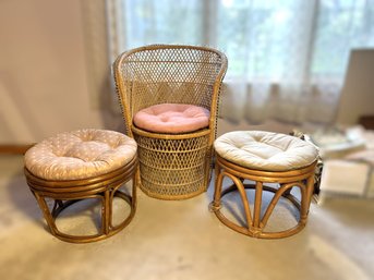 1B/ 3pcs - 1 Wicker/Rattan Chair And 2 Bamboo Footstools