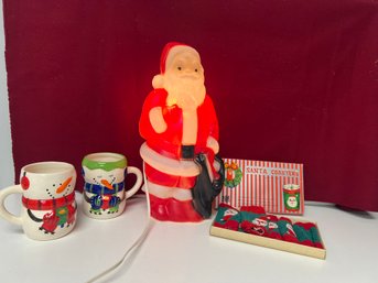 E/ Box 4pcs - Vintage Christmas - Empire Plastics 1968 Lighted Santa, Snowman Mugs & More