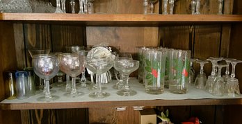 FR/ Shelf W Glasses - 4 Cristal D'Arques Cordial, 8 Holly Berry Tumbler, 4 Low Champagne, 6 Colored Shots Etc