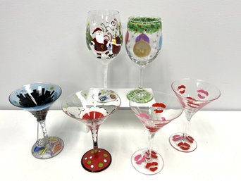 6 Fun Painted Decorated Clear Glasses -  Xmas - 2 Wine 1 Martini, NY Eve - 1 Martini, Val Day - 2 Martini