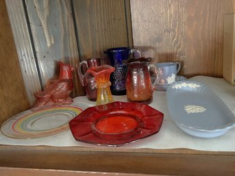 FR/ Shelf 10 Pcs -  Avon Charisma Cardinal Perfume, 3 Wedgewood Pcs, Colored Crackle Glass, Colored Glass Etc