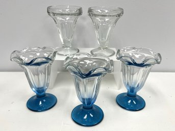 5 Sundae Dessert Glasses - 3 Blue Base Ruffled Edges, 2 Clear Glass