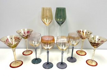 10 Pc Pretty Colored Bar Glasses - 4 Painted Leaf  Martini, 2 Tall Amber Green Wine, 4 Lower Amber Blue Wine