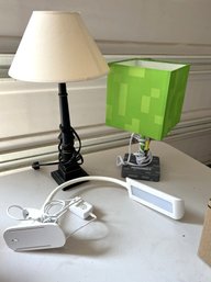 G/ 3 Lights/Lamps - Minecraft Green Shade, Kedsum White Clip On Light, Black W Gold Trim White Shade