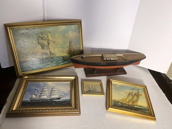 2C/ 5pcs - Nautical Artwork: 4 Framed Ship Prints And Model Ship On A Stand