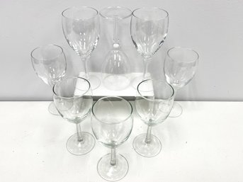 8 Clear Wine Glasses - 3 Back Row Wide Top Tapered Stem, 5 Front Row Skinny Stem
