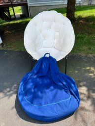 G/ 2 Pc - Blue Corduroy Pouf Beanbag, Black Metal Folding Papasan Saucer Chair White Faux Shearling