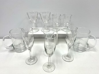 10 Pc Assorted Clear Bar Glasses - 2 Beer Mugs, 3 Champagne, 1 Wine, 4 Cordial