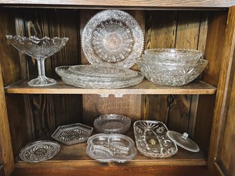 FR/ 2 Shelves 15 Beautiful Glass Serving Pieces  - Platters, Bowls, Compote, Divided & More!