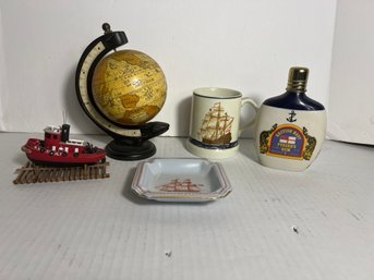 2C/ 5pcs - Small Nautical Decor Items: Artek Globe 111/500, Ship Mug, Spode Ashtray - Brig Olive 1815 Etc