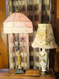 DR/ 2pcs - Vintage Fancy Table Lamps W Fringed Fabric Shades: 1 Porcelain Decorated/Signed Lambert MFG Inc.