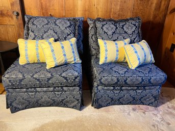 DR/ 10pcs - Pair Matching Blue Patterned Upholstered Slipper Chairs And 8 Pillows