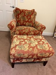 FBB1/ 2 Pc - Crate & Barrel Comfy Armchair & Ottoman - Red Sage Cream Floral Fabric, Waterfowl Feather Down