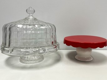2 Dessert Servers - Red White Pedestal Cake Plate, Clear Class Covered Pedestal Cake Plate/Veggie & Dip Server