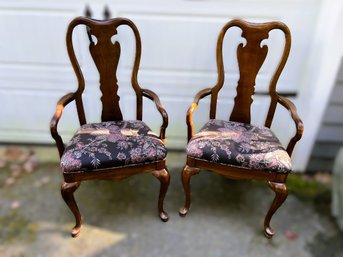 G/ 2 Dining Arm Chairs - Wood Frames, Comfortably Wide Gorgeous Dark Floral Upholstered Fabric Seats