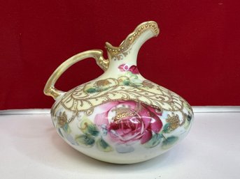 E/ Box - Gorgeous Nippon 5' Tall Squat Pitcher - Hand Painted Ornate Floral And Gold 3D Decor