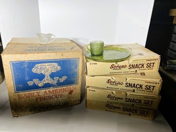 A/ 5boxes - Vintage Anchor Hocking Avocado Green Glass Snack Sets And Clear Glass Punch Bowl