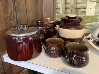 FR/ 8 Various Sizes Types Of Brown Stoneware Crockware - 2 Hull Pottery, 2 West Bend, 2 Crate & Barrel Etc