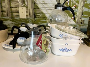 FR/ Corning Ware 6 Cup Tea Coffee Pots, Oval Platter, 6 Sq Casseroles And Schott Clear Glass Whistling Kettles