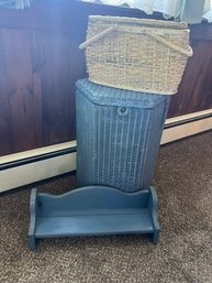 UB5/ 3pcs - Blue Wicker Hamper, Sewing Basket With Contents And Small Blue Shelf