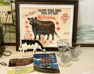 FR/ 6 Pc Collectibles From Famous Hilltop Restaurant Saugus MA - Menu, Beef Chart, 3 Cordial Glasses Etc