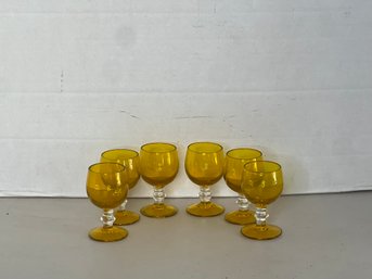 G/ Set Of 6 Stemmed Amber Glass Cordials With Clear Stems