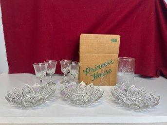 E/ 11pcs Glassware - Aperitif Glasses, Flower Shaped Dishes, New In Box Princess House Etched Glasses