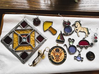 FR/ 13 Assorted Small Stained Glass Pcs - Shapes, Animals, Bugs, Flowers, WW2 Veteran, Sailboat Etc