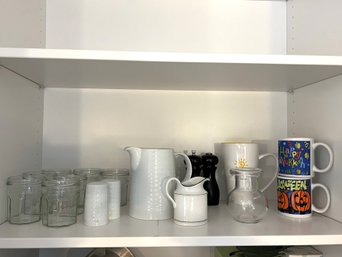 K/ 17 Pcs - 2 Salt & Pepper Sets, Crate & Barrel Porcelain Pitcher, 7 Jelly Jar Glasses, 3 Coffee Mugs Etc