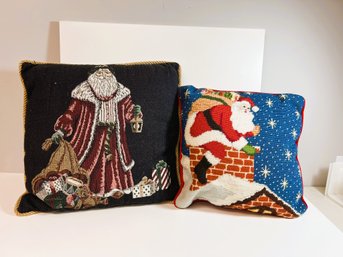 NT/ 2pcs - Christmas Holiday Accent Pillows: 1) Cross Stitch Santa 2) Larger Santa With Gifts