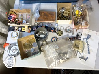 O/ Box Of Assorted Collector Coins, Pins Etc