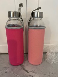 K/ 2 New In Packaging Glass Water Drink Bottles, Metal Top, 1 Dark 1 Light Pink Neoprene Sleeve W Carry Loop