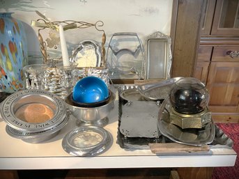 FR/ Metal Decor Lot - Pewter, Silverplate Etc - Serving Tray, 2 Wine Coasters, Candle Holders, Butter Dish Etc