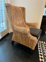 K/ Crate & Barrel Wicker High Back Accent Arm Chair, Wood Legs, Black Seat Cushion