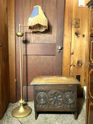 UB4/ 2pcs - Vintage Ornate Wood Lift Top Sewing Cabinet And Brass Toned Swing Arm Floor Lamp