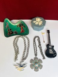 E/ Box 6 Unique Pieces - Guitar Lighter, Guitar Ashtray, Necklaces, Bird Stickpin, Trinket Box Etc