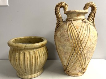 2 Ceramic Planter Vases - 1 Low Round Glazed Pot, 1 Taller W Wicker Rattan Strip Detailing