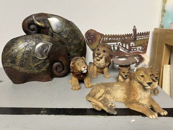 B/ 6 Pcs - Castagna & Stone Critters Lions, Miro Ethnic Florero Double Elephant Figures/Vase Etc