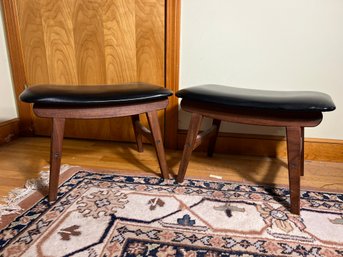 O/ 2 MCM Stools-foot Rests Teak/Walnut And Leather Tops Or Faux(?)