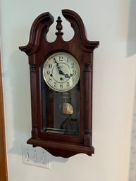 LR/ Stately Wood Wall Mount Pendulum Clock By Sligh Glass Door Front W Manual