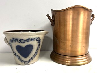 2 Pcs  - Glazed Stoneware Container W Blue Heart, Copper 2 Handle Bucket Container