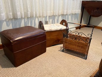 LR/ 3 Vintage Pcs - Vinyl Storage Ottoman, Wood Storage Small Bench, Metal & Wicker Magazine Holder