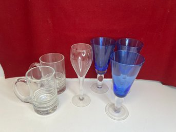 E/ 6pcs - Blue And Clear Glass Barware Drinkware Lot