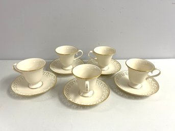 Set Of 5 Lenox 'Modano Lace' Gold Rimmed Teacups & Saucers