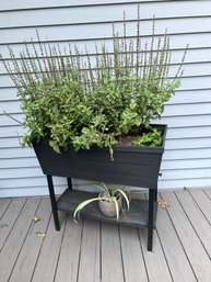 D/ 2 Pc - Heavy Duty Plastic Beverage Tub / Planter On Legs W Spigot & Bottom Shelf And Stone Planter W Plant