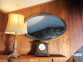 UB4/ 3pcs - Vintage Hanging Oval Beveled Mirror, Wood Mantle Clock And Table Lamp