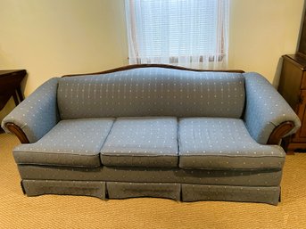 LR/ Vintage Blue Patterned Upholstered Sleep Sofa Couch, 3 Cushions, Wood Back & Arm Trim, Spring Air Mattress