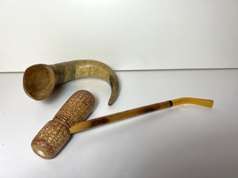 NT/ 2 Pcs Antiques: Corn Cob Pipe From Quantico VA Naval Base & An Old Cow Horn