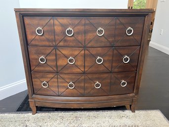 E/ Handsome Curved Front 3 Drawer Chest, Beautiful Wood Finish, Drawers Scored X Design W 4 Ring Pulls